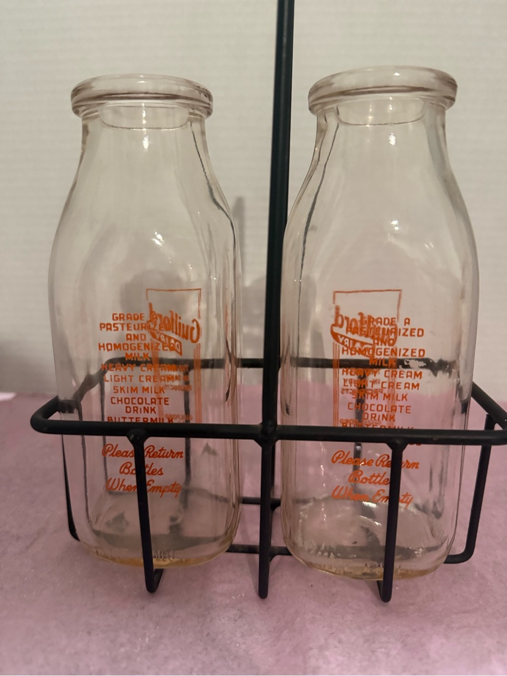 Vintage Style Clear Glass Milk Bottles with Orange Print - Set of 2